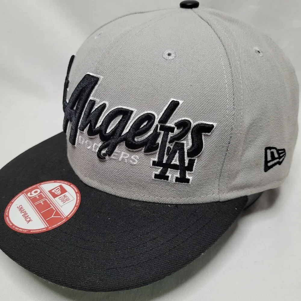 New Era 9FIFTY Los Angeles Dodgers Hat Gray Black Script Snapback Stickers Cap